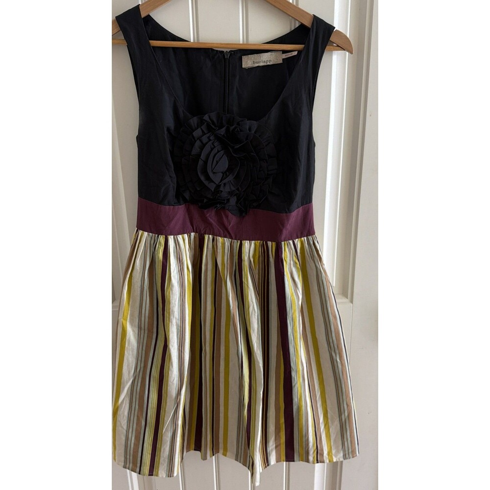 Anthropologie Burlapp Womens A Line Dress Black Stripe Scoop Flower Zipper